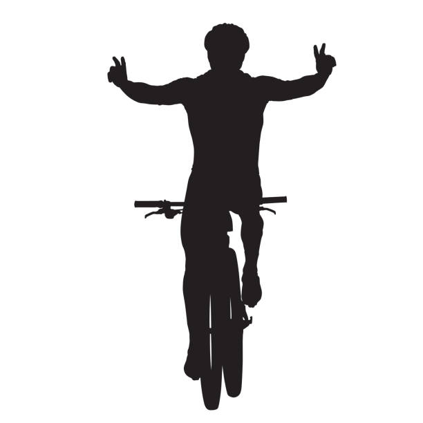 ilustraciones, imágenes clip art, dibujos animados e iconos de stock de el ciclista de montaña celebra y cruza la línea de meta, la silueta vectorial. carrera ciclista - peloton