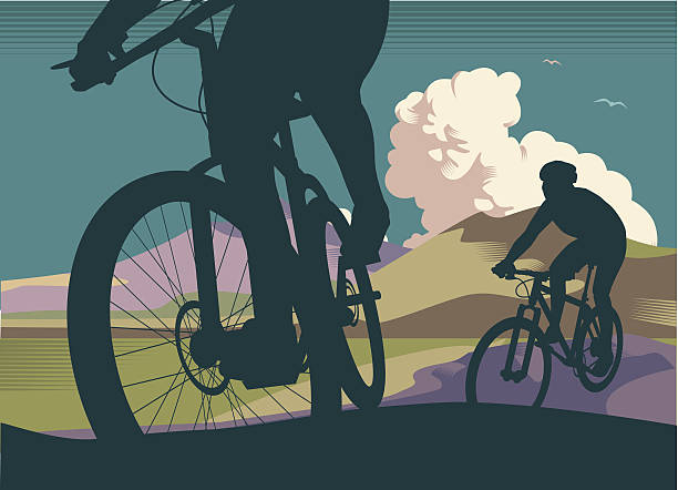 Mountain Bikes Mountain Bikes in crosshatch style. CS5 and CS3 versions in zip cycling silhouettes stock illustrations