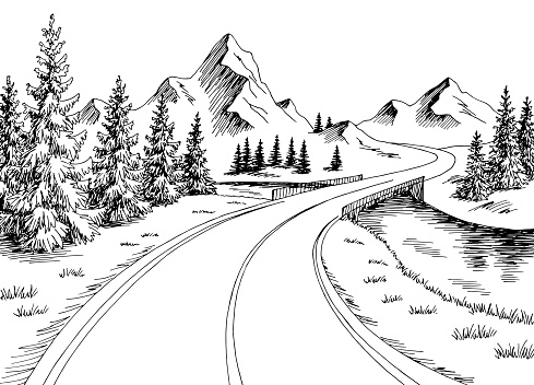 Mountain bridge river graphic black white landscape sketch illustration vector