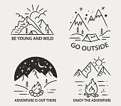Simple line illustration of mountain camping theme.