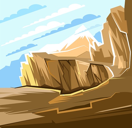 Mountain cliff and abyss. Landscape. A narrow path over the cliff. Large mountains and clouds in the distance. Flat cartoon style. Sharp stones and sheer walls.