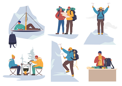 Mountain climber cartoon character set, flat vector illustration. Outdoor adventure, mountaineering.