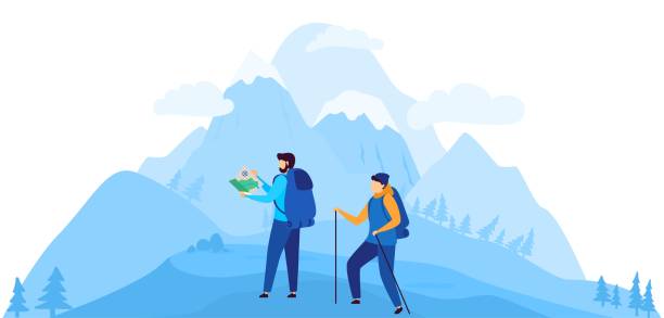 Mountain climbing, climbers people travelers stand on top of mountain background looking on map, carrying a backpack on his back, vector illustration. Travel in mountain alpinist Mountain climbing, climbers people travelers stand on top of mountain background looking on map, carrying a backpack on his back, vector illustration. Travel in mountain alpinist. mountain climber exercise stock illustrations