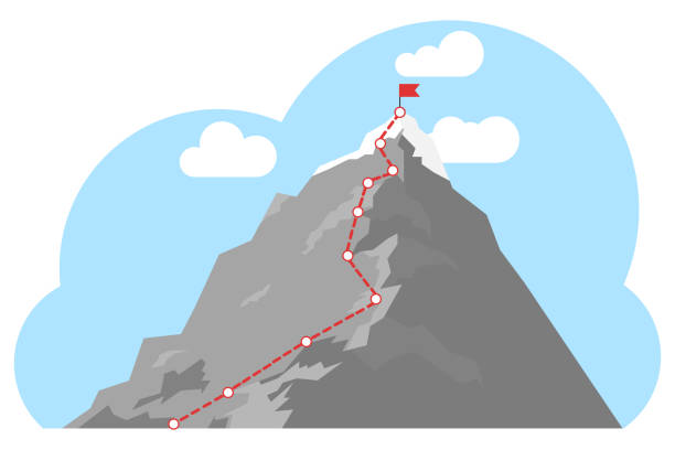 Mountain climbing route to peak. Top of the mountain with red flag. Business success concept. Business journey path in progress to success concept. vector art illustration