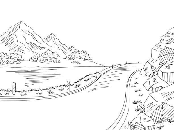 Mountain lake road graphic black white landscape sketch illustration vector Mountain lake road graphic black white landscape sketch illustration vector river drawings stock illustrations