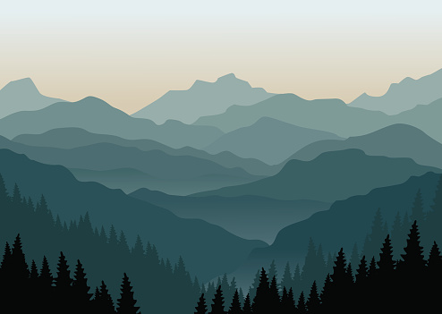 Vector illustration of a misty sunrise in the mountains. Layered mountain ranges in the fog. Eps 10. 