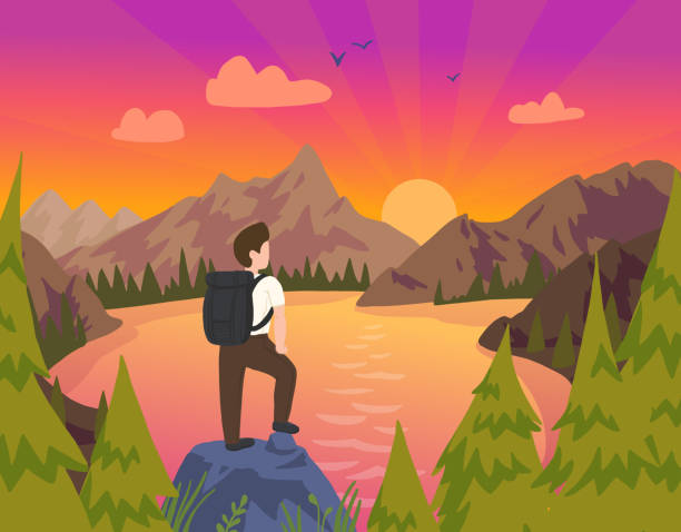illustrations, cliparts, dessins animés et icônes de paysage de montagne au coucher du soleil avec l’homme voyageant - marcher foret