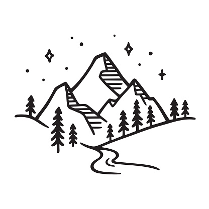 Mountain landscape with river at night. Black and white ink drawing, stylized hand drawn sketch. Vector illustration.
