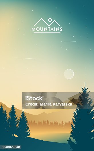 istock Mountain landscape. Forest. Sunset in the mountains. Morning sky.Travel concept. Adventure. Minimalist graphic flyers. Polygonal flat design for coupon, voucher, gift card. Vector illustration 1348029848