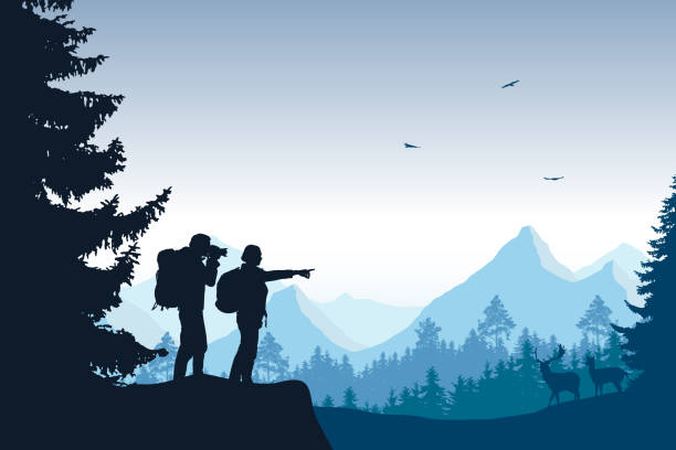 A mountain landscape with a forest and tourists photographing a deer, under a blue sky with flying birds A mountain landscape with a forest and tourists photographing a deer, under a blue sky with flying birds in silhouette photos stock illustrations