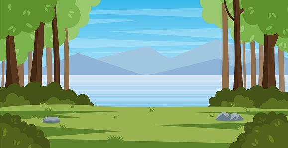 Cartoon Mountain landscape with summer forest. countryside beautiful nature with green trees, river lake water, silhouettes of mountains. Vector illustration in flat style