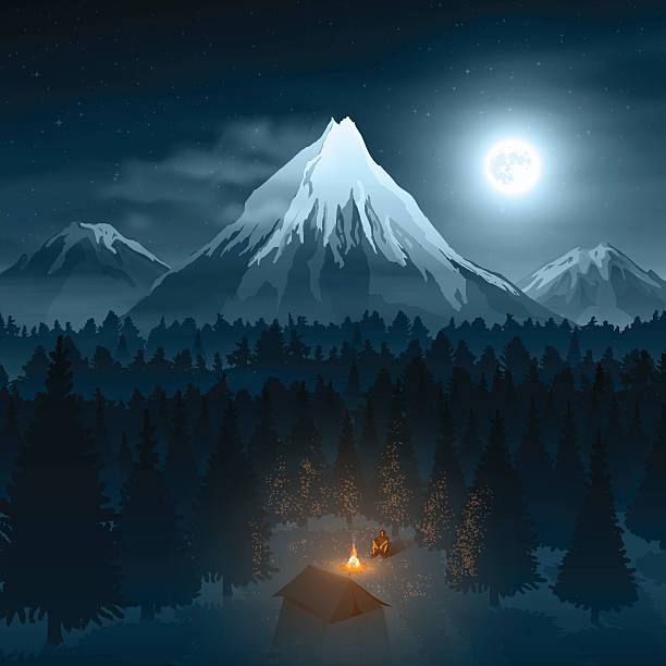Mountain Landscape with the Traveler in Deep Forest vector art illustration