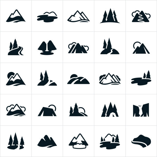 Satu set ikon bergaya yang menunjukkan pegunungan, bukit, danau, air terjun, pegunungan yang tertutup salju, sungai, dan jalur gunung.