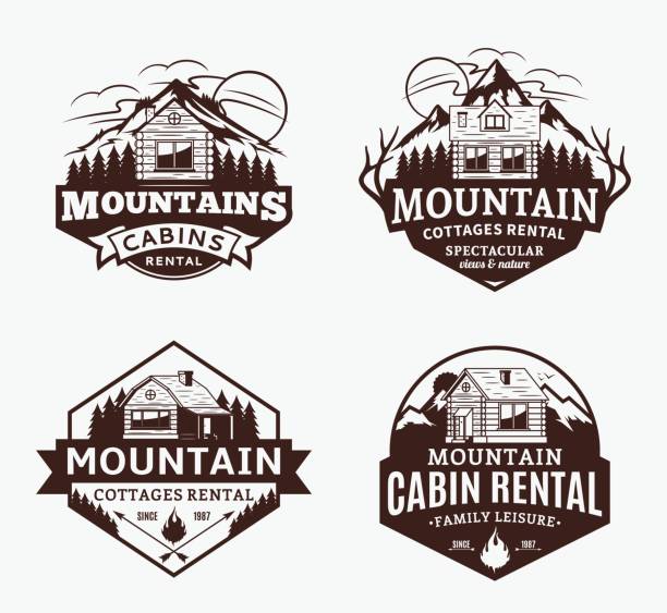 Mountain recreation and cabin rentals labels Set of vector mountain recreation and cabin rentals labels. Mountains and travel icons for tourism organizations, outdoor andventures and camping leisure log cabin stock illustrations