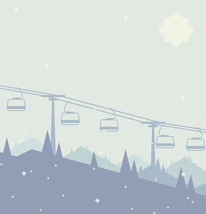 Mountain resort, ski lift flat vector illustration. Pine trees with mountains, slopes and snow.