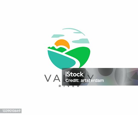 istock Mountain river design. River flowing between the green hills vector design. Colorful minimalist landscape illustration 1339010649