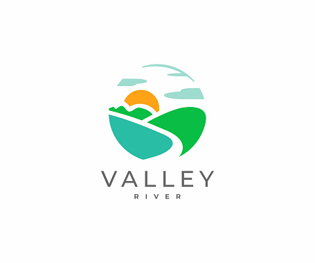 Mountain river design. River flowing between the green hills vector design. Colorful minimalist landscape illustration