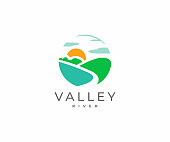 istock Mountain river design. River flowing between the green hills vector design. Colorful minimalist landscape illustration 1339010649