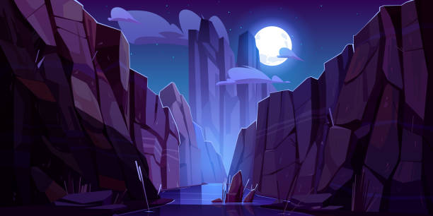 Mountain river in canyon at night Mountain river in canyon at night. Vector cartoon landscape of nature park, water stream in gorge with stone cliffs and rocks. Grand canyon national park in Arizona cliffs stock illustrations