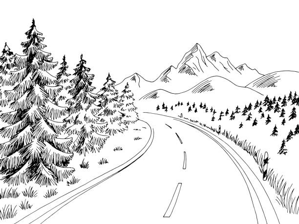 Mountain road graphic black white landscape sketch illustration vector Mountain road graphic black white landscape sketch illustration vector road drawings stock illustrations