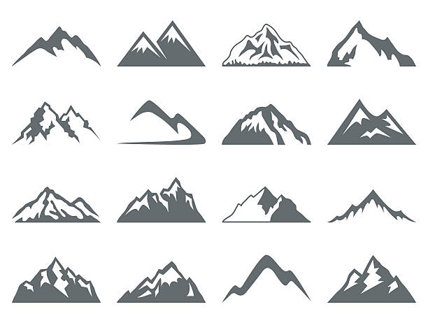 Mountain Shapes For Logos Set of sixteen vector mountain shapes for logos. Camping mountain logo, travel labels, climbing or hiking badges mountain range stock illustrations