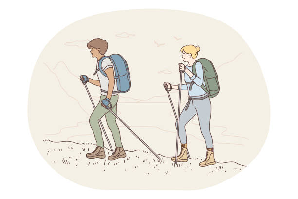 Mountain tourism, Hiking, traveling on nature concept Mountain tourism, Hiking, traveling on nature concept. Young happy couple cartoon characters tourists backpackers hikers hiking on nature with sticks together vector illustration mountain climber exercise stock illustrations