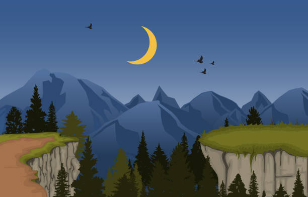 Mountain Valley Cliff Tree Nature Landscape Vector Illustration