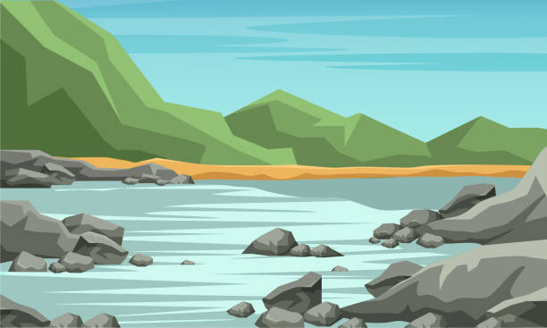 Mountain valley flat vector illustration Mountain valley flat vector illustration. Wilderness area, nature picturesque landscape cartoon drawing. River, rocks and green hills tranquil and peaceful scenery. Wild nature, pond, lake view nature path stock illustrations