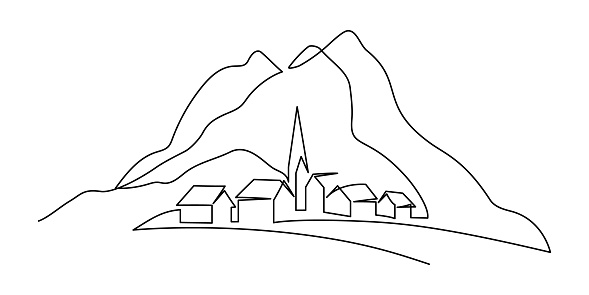 Mountain village in continuous line art drawing style. Landscape of small country settlement surrounded by mountains minimalist black linear sketch isolated on white background. Vector illustration