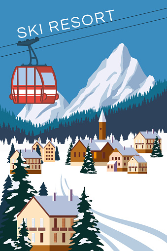 Mountain vintage winter resort village Alps, Switzerland. Snow landscape peaks, slopes with red gondola lift. Travel retro poster, vector illustration