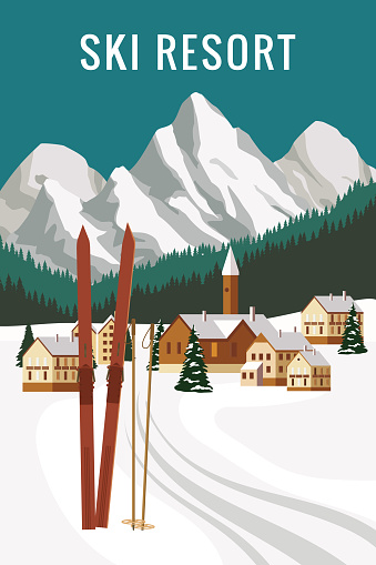 Mountain vintage winter resort village Alps, Switzerland. Snow landscape peaks, slopes. Travel retro poster, vector illustration flat style