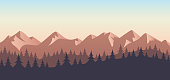 Mountain wilderness trees sunset landscape background.