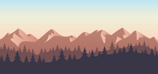 Mountain Wilderness Landscape Background Mountain wilderness trees sunset landscape background. backgrounds silhouettes stock illustrations