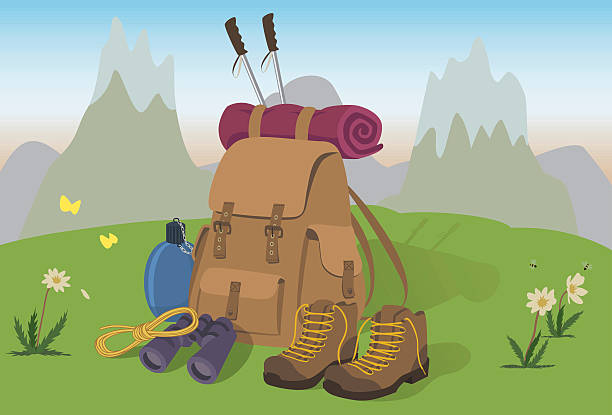 MountainEquipment A mountaineer's backpack with sleeping bag strapped to its top, a pair of Nordic walking sticks, a pair of trekking shoes, a water bottle, a rope and binoculars lay on a grass meadow on a sunny summer day, surrounded by flowers, butterflies and bumble bees and in the background the mountains are lit by the pink dawn light. mountain climber exercise stock illustrations