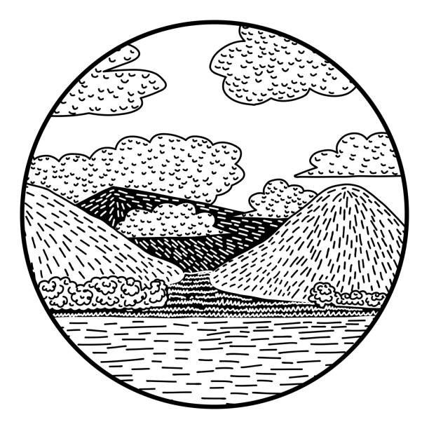 stockillustraties, clipart, cartoons en iconen met bergen en lake landschap doodle. ronde vorm - isle of skye