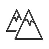 istock Mountains icon. A simple line drawing of two mountains with glaciers standing one behind the other. Isolated vector on white background. 1295830649