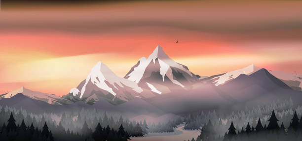 Mountains landscape sunset with pine forest near a lake Mountains landscape sunset with pine forest near a lake mountains in mist stock illustrations