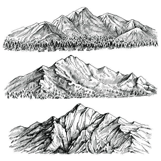 Mountains peak vector hand drawn landscape. Ridge and ranges with forest panoramic view. Mountains chains vector hand drawn landscape. Ridge and ranges with forest panoramic view. Isolated sketches on white background. mountain drawings stock illustrations