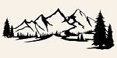 istock Mountains silhouettes. Mountains vector, Mountains vector of outdoor design elements, Mountain scenery, trees, pine vector, Mountain scenery illustration. 1159465226