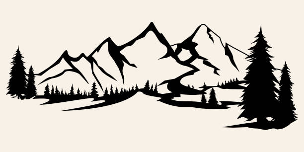 Mountains silhouettes. Mountains vector, Mountains vector of outdoor design elements, Mountain scenery, trees, pine vector, Mountain scenery illustration. Mountains silhouettes. Mountains vector, Mountains vector of outdoor design elements, Mountain scenery, trees, pine vector, Mountain scenery. black and white mountain stock illustrations