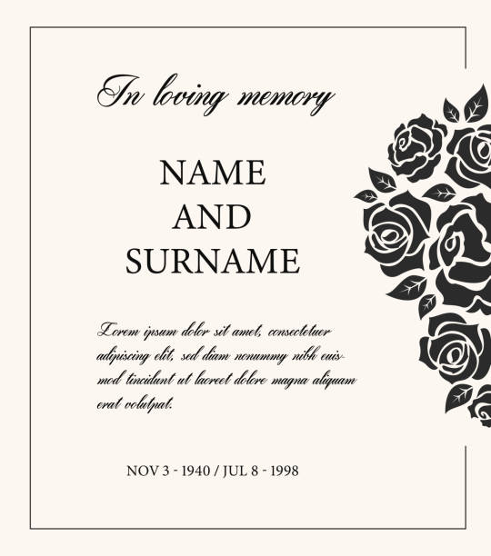 Mourning memorial, vector funereal card necrologue Funeral card vector template, vintage condolence obituary with typography in loving memory and vintage rose flowers, place for name, birth and death dates. Mourning memorial, funereal card, necrologue memories stock illustrations