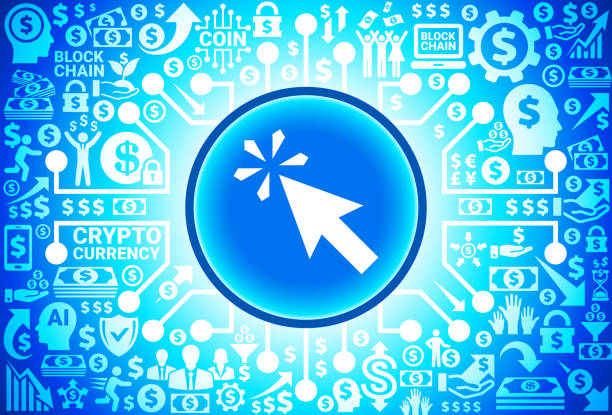 Mouse Click  Icon on Money and Cryptocurrency Background Mouse Click  Icon on Money and Cryptocurrency Background. The icon is white in color and is placed in the center of the image inside a blue glowing circle button with a dark blue outline, The background of the image is composed of various cryptocurrency money and finance icons. The background has a blue gradient and a glow effect. There are also circuit board elements present which represent modern digital trading. clickfunnels for your business stock illustrations