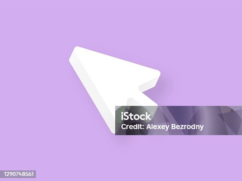 istock Mouse cursor white clay 3d. White arrow pointer on purple background computer technology help. 1290748561