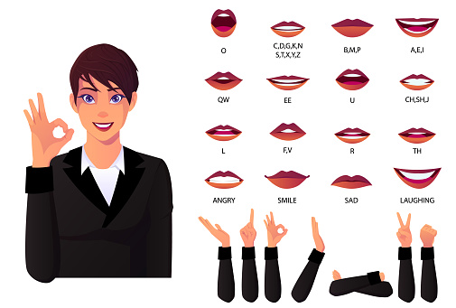 Mouth Animation Set And Lip Sync for Alphabet Businesswoman Pronunciation. Lips Animation with Different Lips Expressions and Emotions