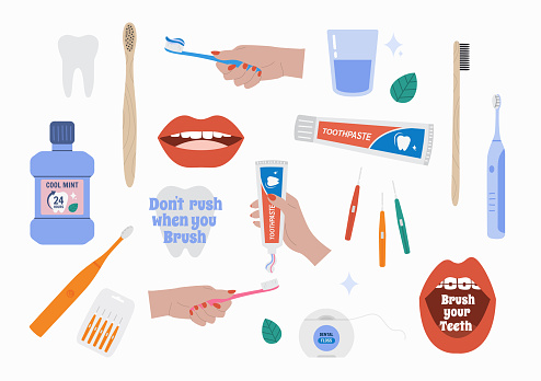 Mouthwash hand drawn illustrations set. Toothbrush, toothpaste, dental floss. Dental care. Vector