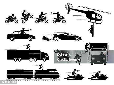 istock Movie action hero car motorcycle chase scene icons pictogram. 1226837556