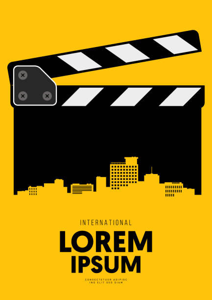 Movie and film poster design template background with clapperboard and city skyline Movie and film poster design template background with clapperboard and city skyline. Design element can be used for backdrop, banner, brochure, leaflet, flyer, print, publication, vector illustration movie clipart stock illustrations