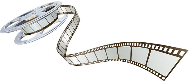 Movie film spooling out of reel Movie film spooling out of film reel. Symbol for cinema. film reel stock illustrations