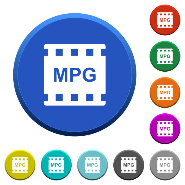 MPG movie format beveled buttons MPG movie format round color beveled buttons with smooth surfaces and flat white icons film moving image stock illustrations