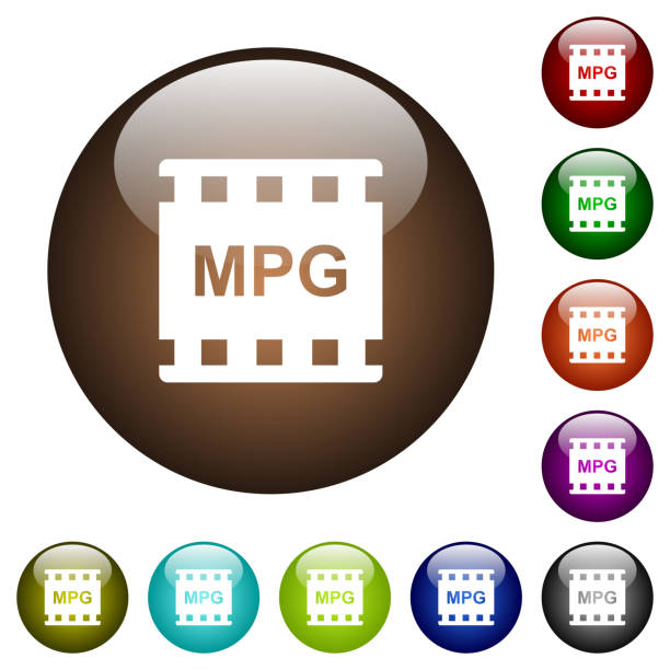 MPG movie format color glass buttons MPG movie format white icons on round color glass buttons film moving image stock illustrations